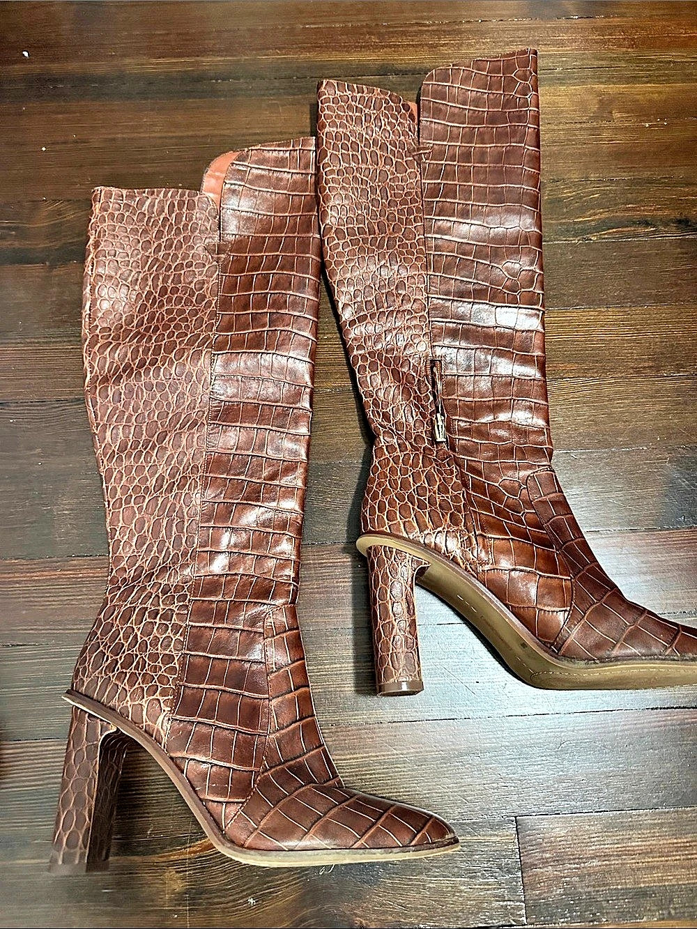 Vince camuto embossed leather Animal Print Knee-High Heeled Boots in Brown